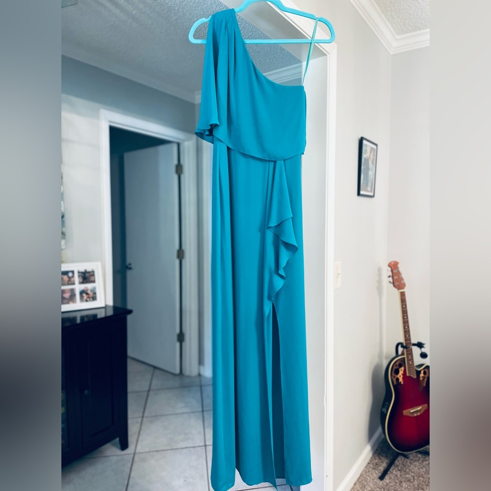 BCBGMaxAzria Secha One Shoulder Maxi Dress Emerald Green Blue Womens Size 0